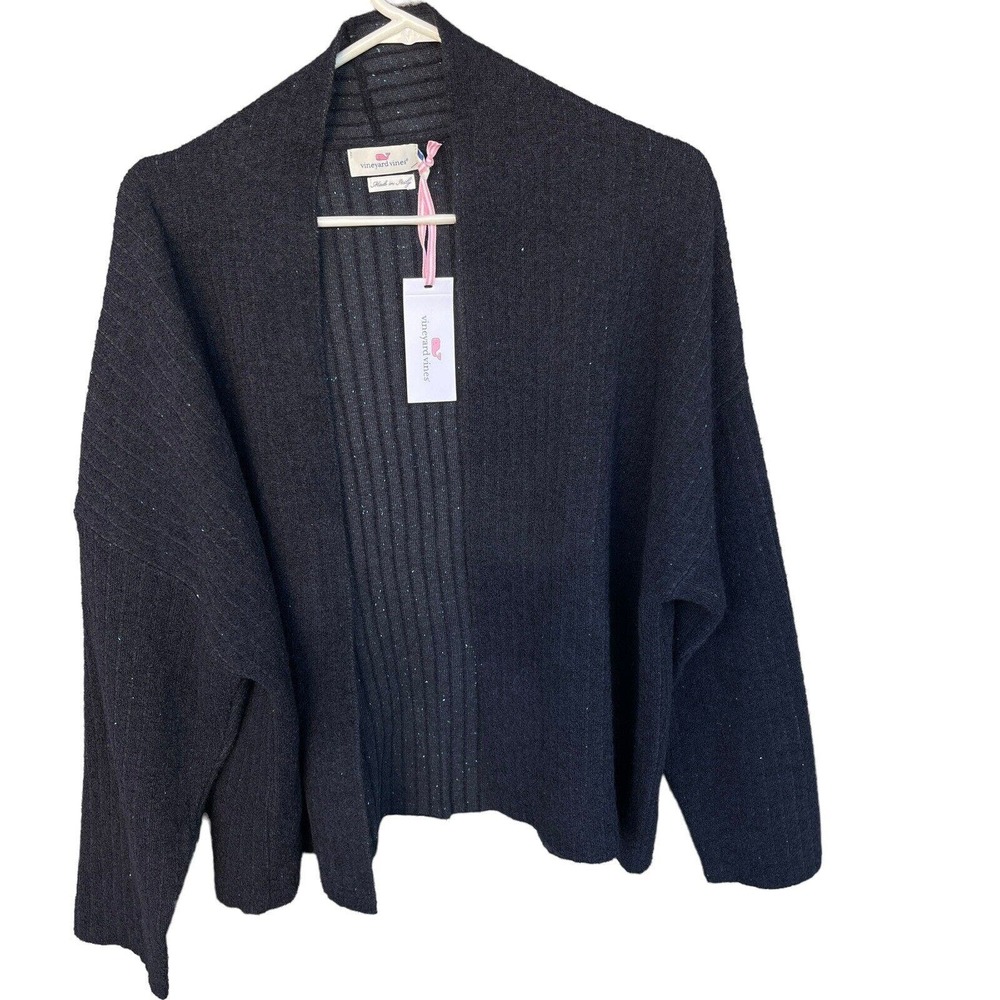 Vineyard Vines Sweater Womens Large Blue Cropped Open Front Wool Blend Whale